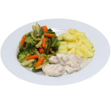 Visragout macedoine groentemix aardappelpuree